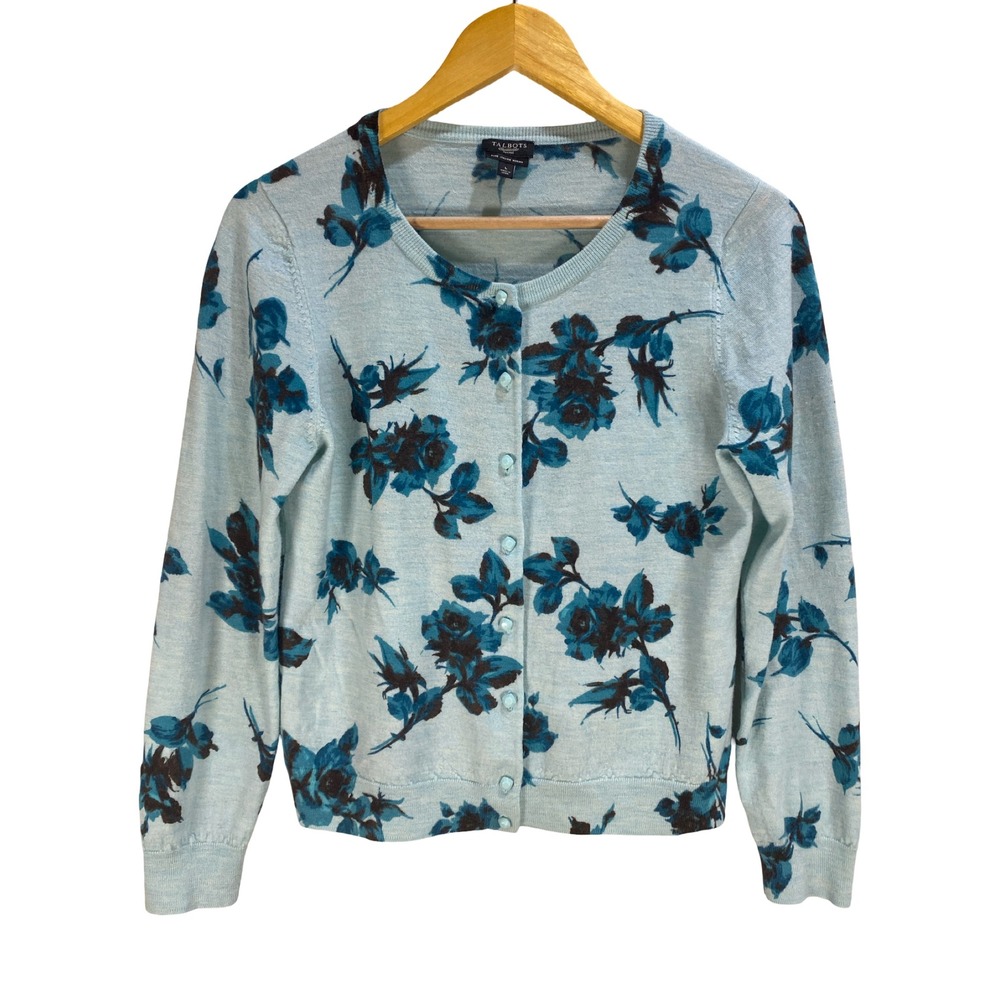 Talbots Petites Floral Italian Merino Wool Cardigan Sweater Womens Large Button